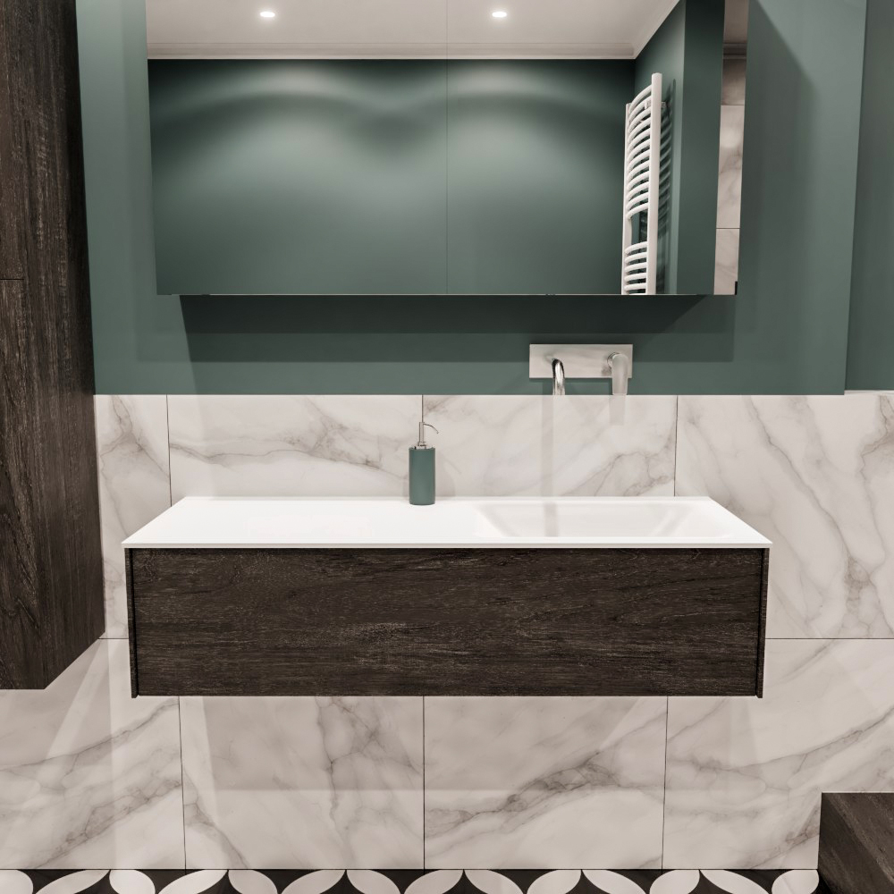 Lush onderkast 120cm in kleur DARK BROWN met 1 lade Push tot open geschikt voor rechtse wastafel. Compleet met solid surface wastafel cloud M35164met 0 kraangat(en)