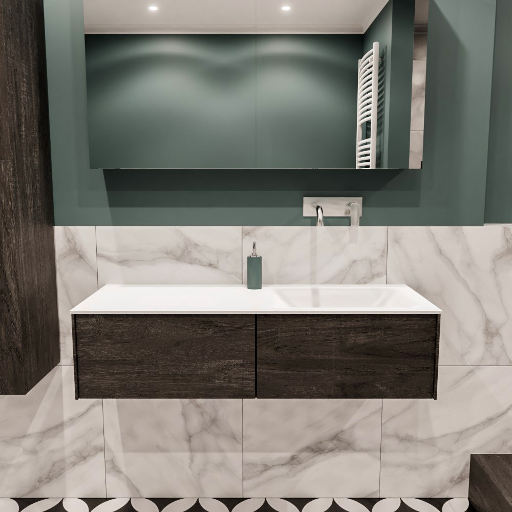 Lush onderkast 120cm in kleur DARK BROWN met 2 lades Push tot open geschikt voor rechtse wastafel. Compleet met solid surface wastafel cloud M35164met 0 kraangat(en)