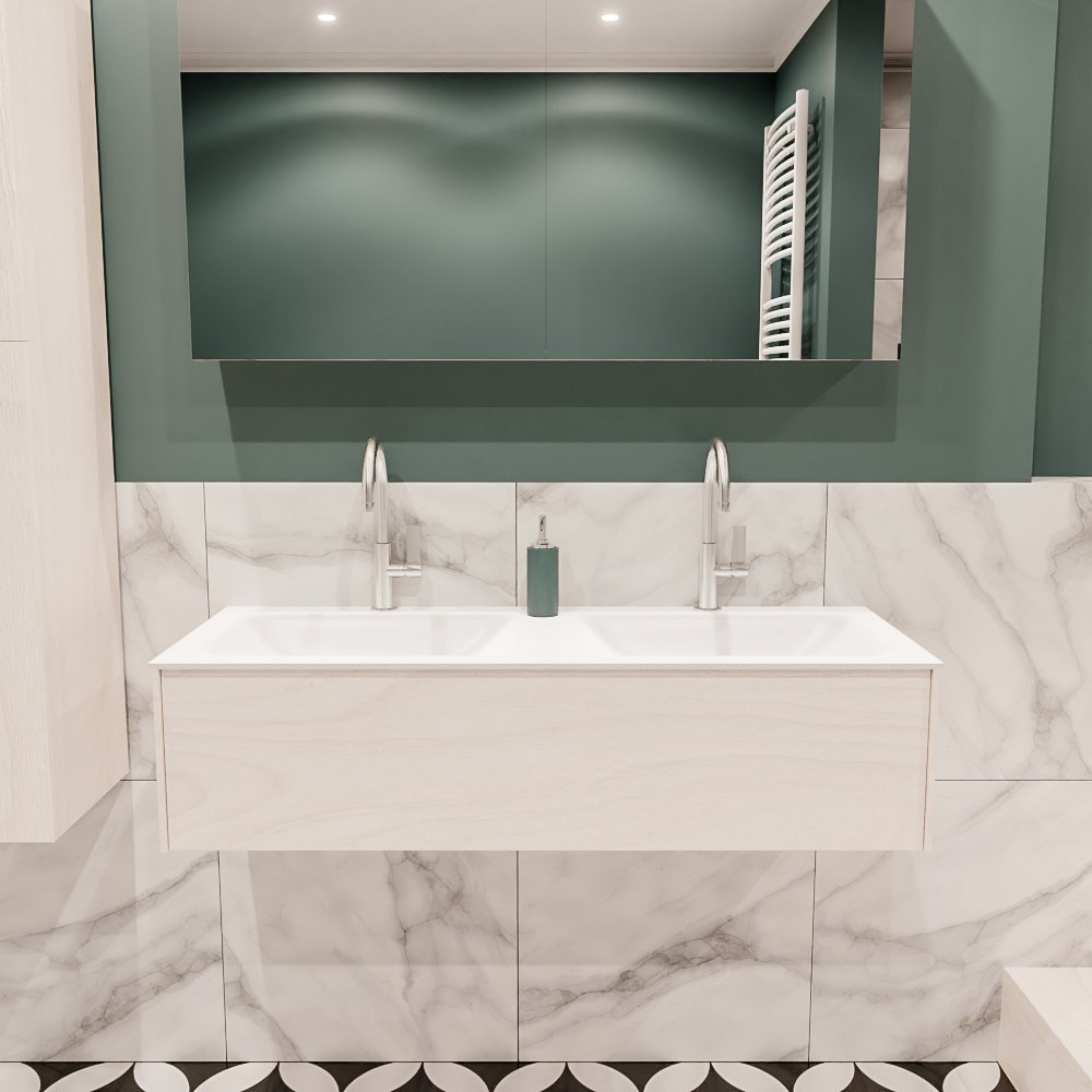Lush onderkast 120cm in kleur UNDERLAYMENT met 1 lade Push tot open geschikt voor dubbele wastafel. Compleet met solid surface wastafel cloud M35165met 2 kraangat(en)