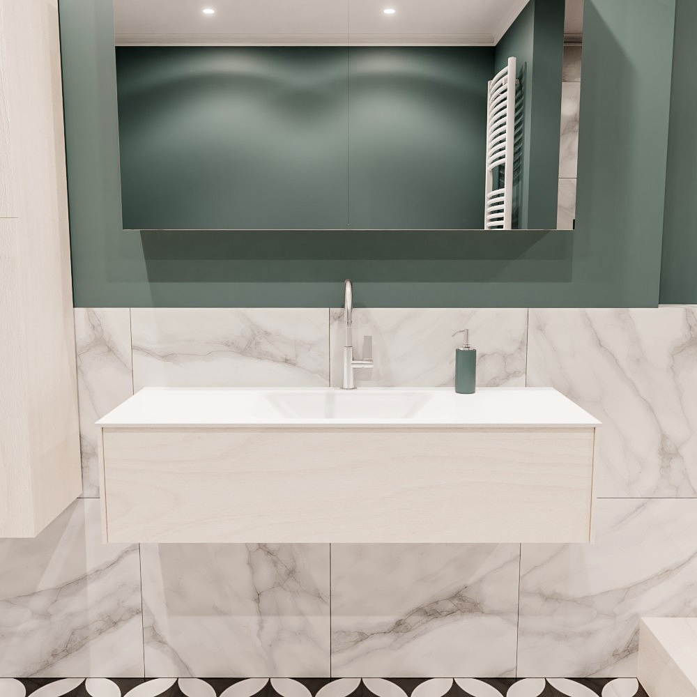 Lush onderkast 120cm in kleur UNDERLAYMENT met 1 lade Push tot open geschikt voor gecentreerde wastafel. Compleet met solid surface wastafel cloud M35162met 1 kraangat(en)