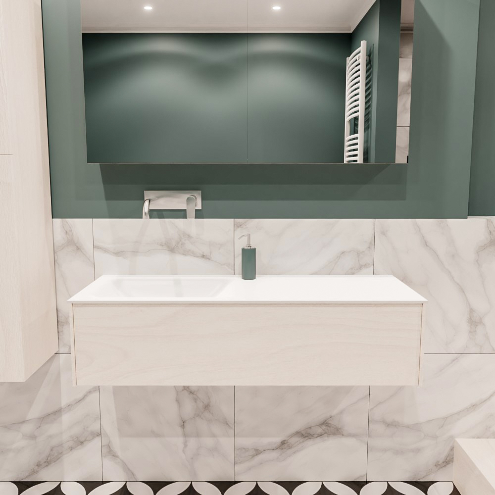 Lush onderkast 120cm in kleur UNDERLAYMENT met 1 lade Push tot open geschikt voor linkse wastafel. Compleet met solid surface wastafel cloud M35163met 0 kraangat(en)