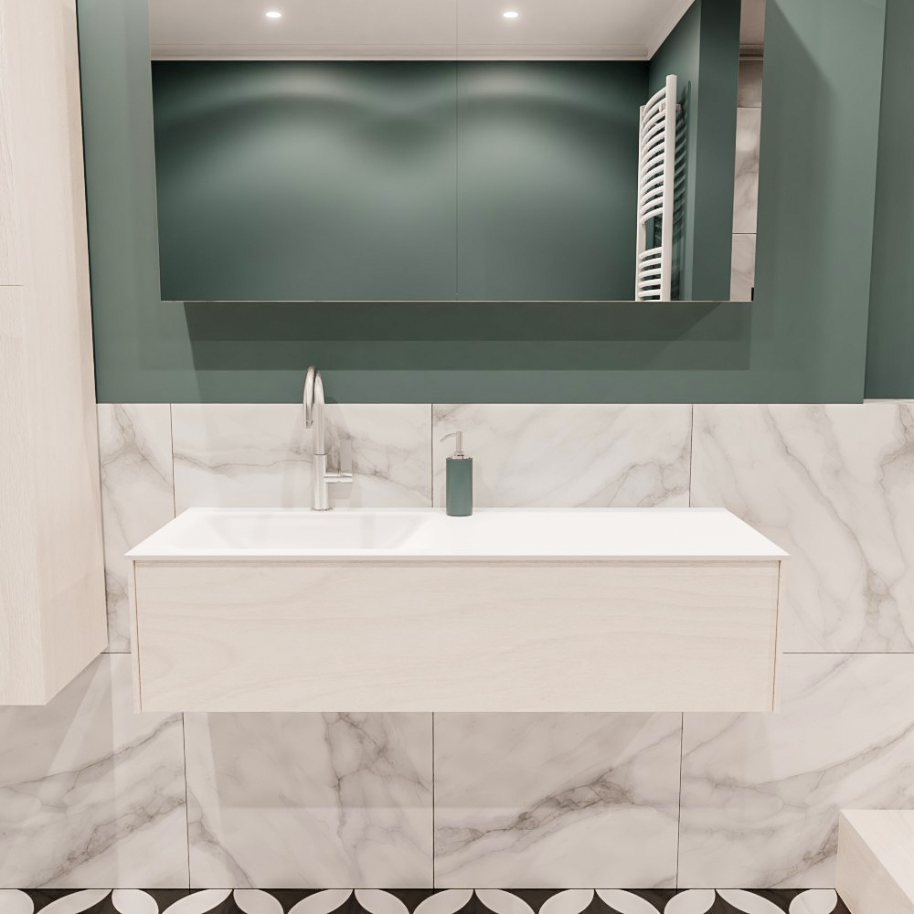 Lush onderkast 120cm in kleur UNDERLAYMENT met 1 lade Push tot open geschikt voor linkse wastafel. Compleet met solid surface wastafel cloud M35163met 1 kraangat(en)