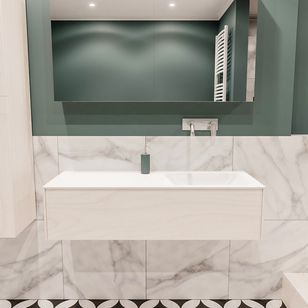 Lush onderkast 120cm in kleur UNDERLAYMENT met 1 lade Push tot open geschikt voor rechtse wastafel. Compleet met solid surface wastafel cloud M35164met 0 kraangat(en)