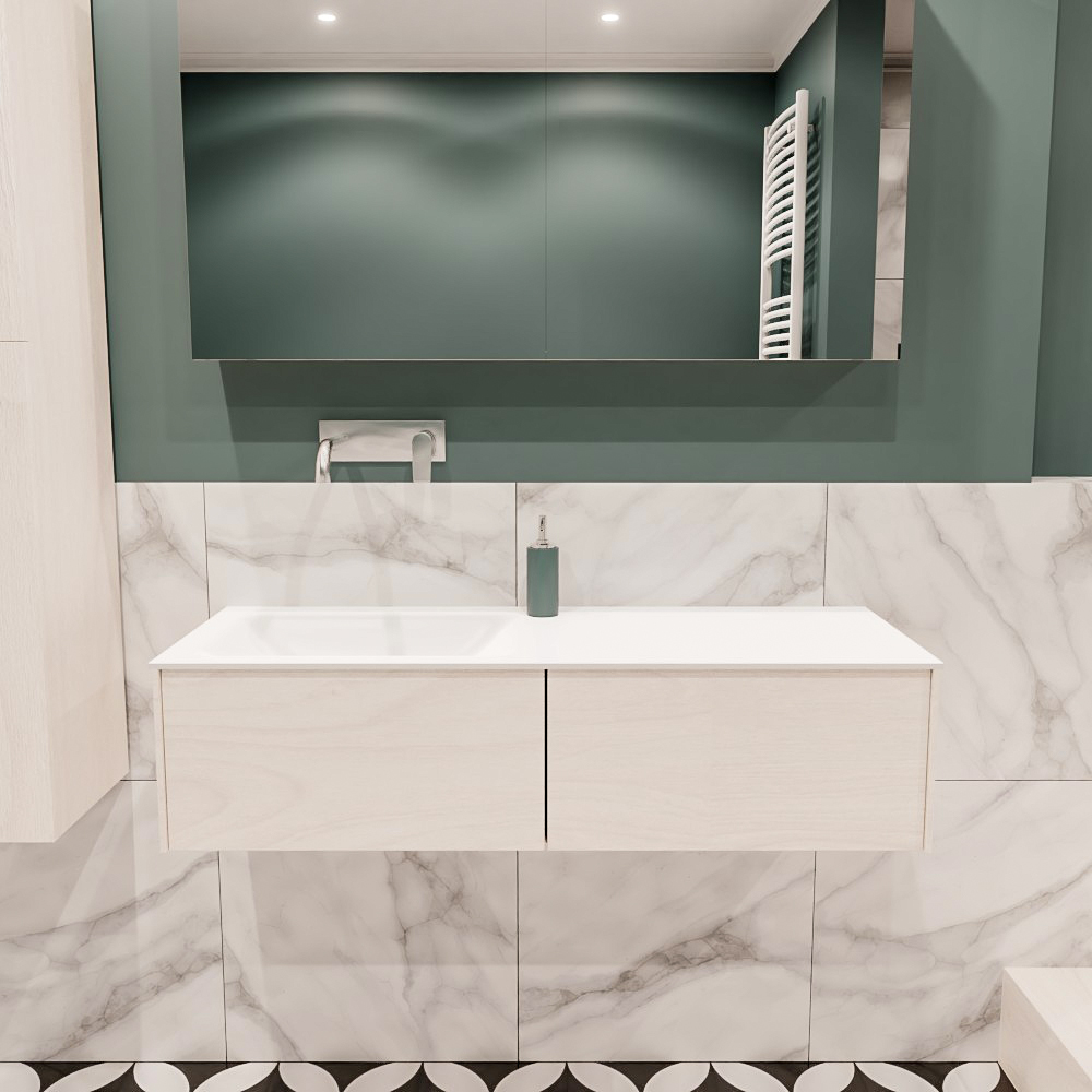 Lush onderkast 120cm in kleur UNDERLAYMENT met 2 lades Push tot open geschikt voor linkse wastafel. Compleet met solid surface wastafel cloud M35163met 0 kraangat(en)