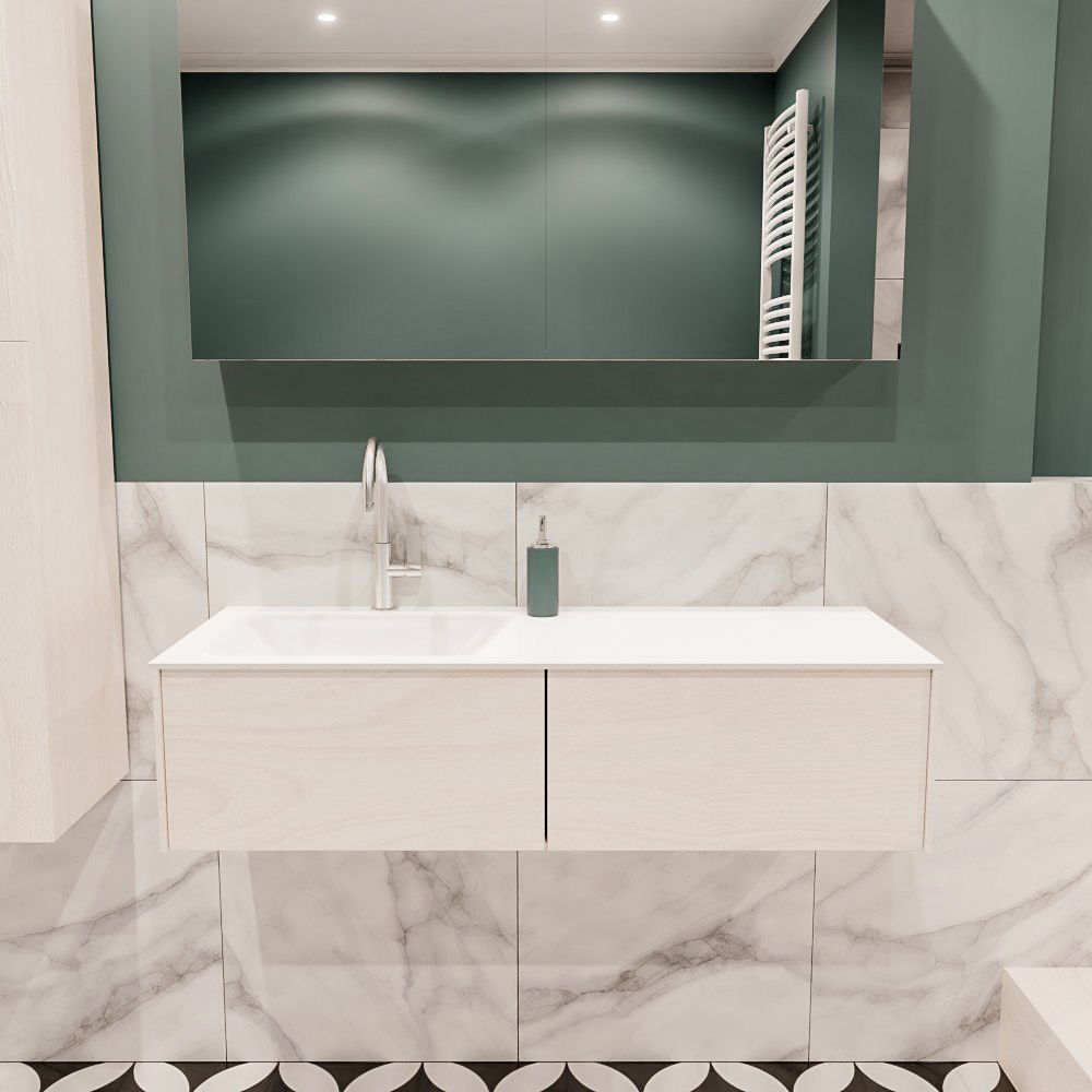 Lush onderkast 120cm in kleur UNDERLAYMENT met 2 lades Push tot open geschikt voor linkse wastafel. Compleet met solid surface wastafel cloud M35163met 1 kraangat(en)