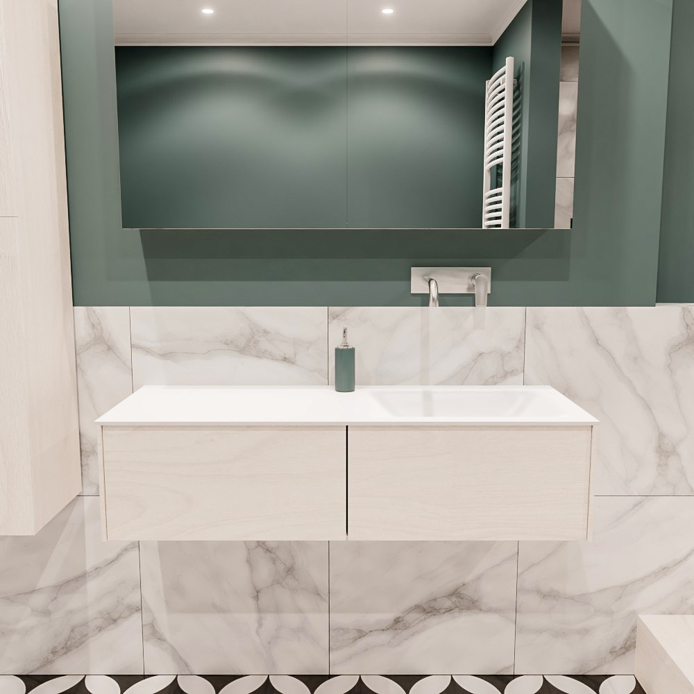 Lush onderkast 120cm in kleur UNDERLAYMENT met 2 lades Push tot open geschikt voor rechtse wastafel. Compleet met solid surface wastafel cloud M35164met 0 kraangat(en)