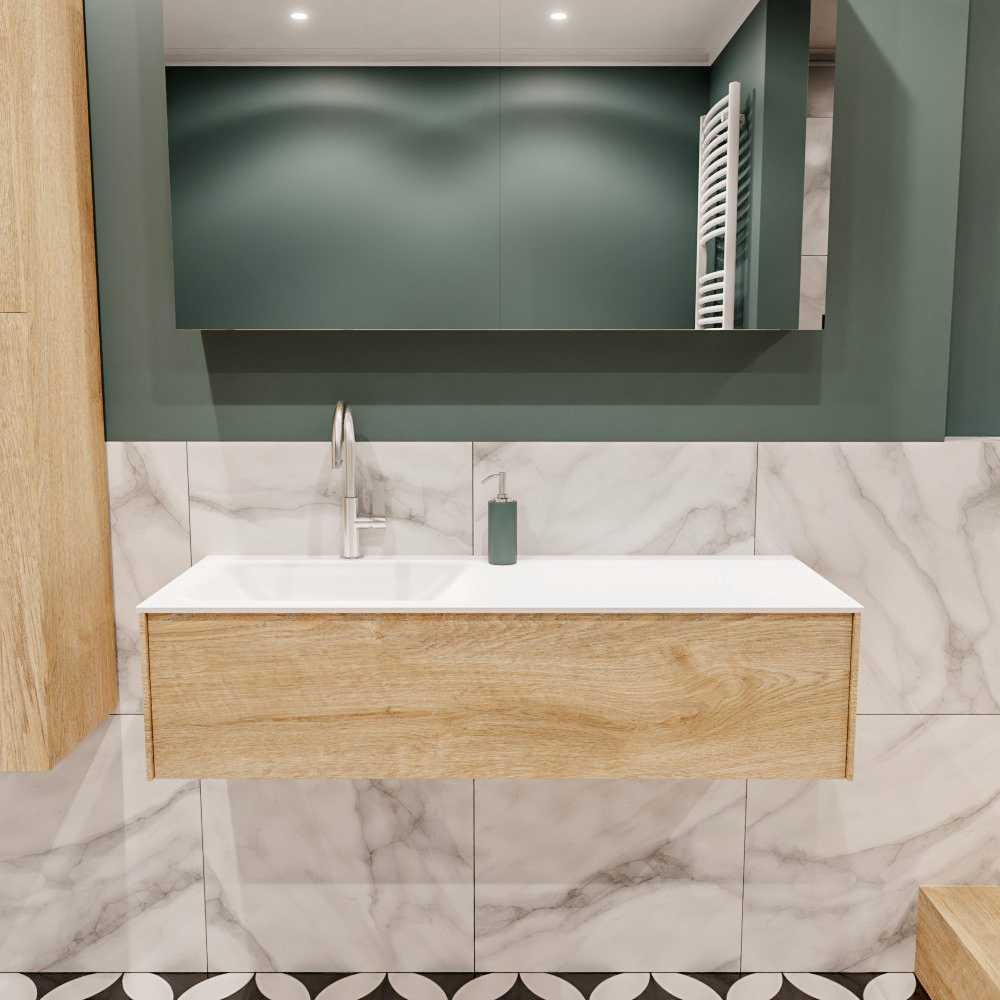 Lush onderkast 120cm in kleur WASHED OAK met 1 lade Push tot open geschikt voor linkse wastafel. Compleet met solid surface wastafel cloud M35163met 1 kraangat(en)