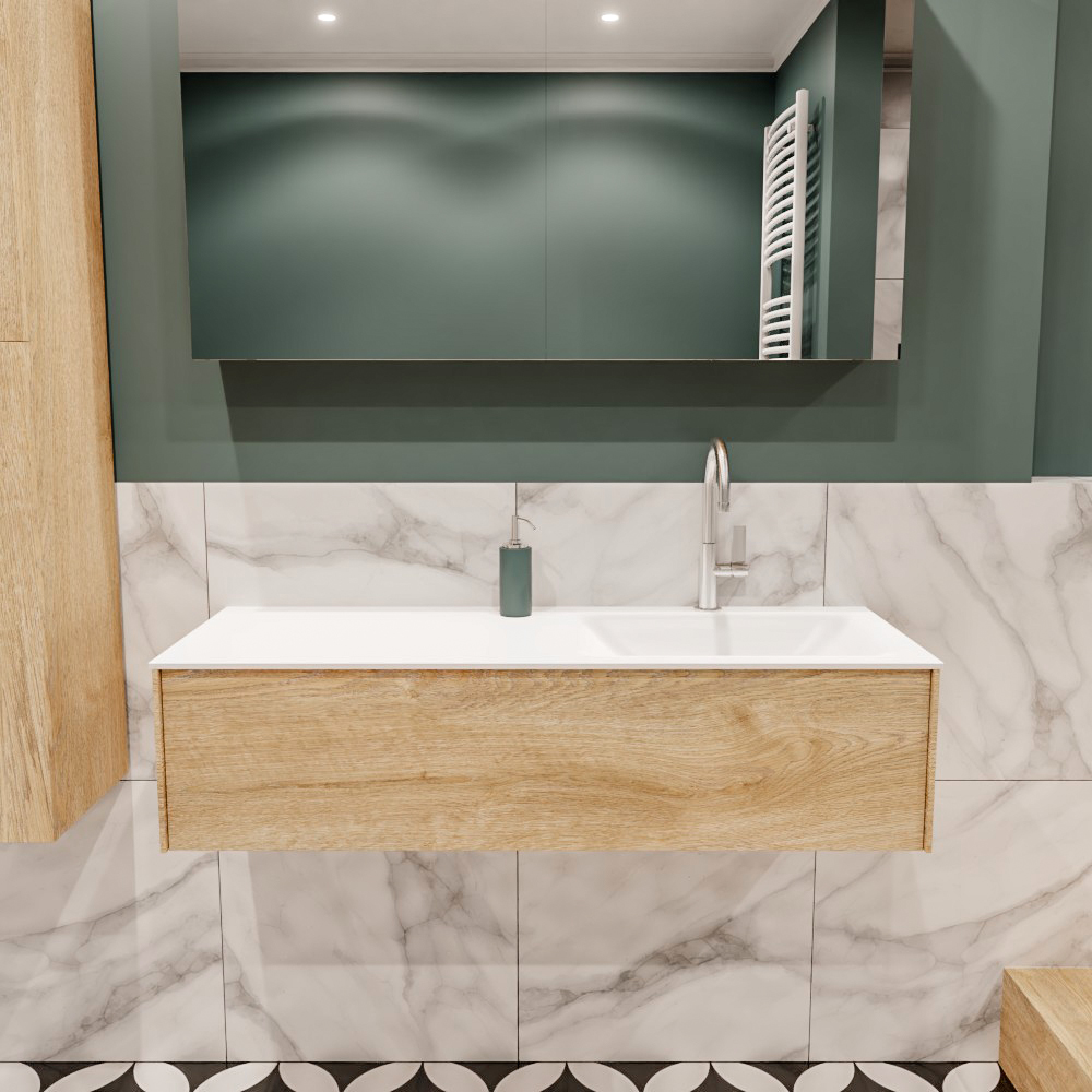 Lush onderkast 120cm in kleur WASHED OAK met 1 lade Push tot open geschikt voor rechtse wastafel. Compleet met solid surface wastafel cloud M35164met 1 kraangat(en)