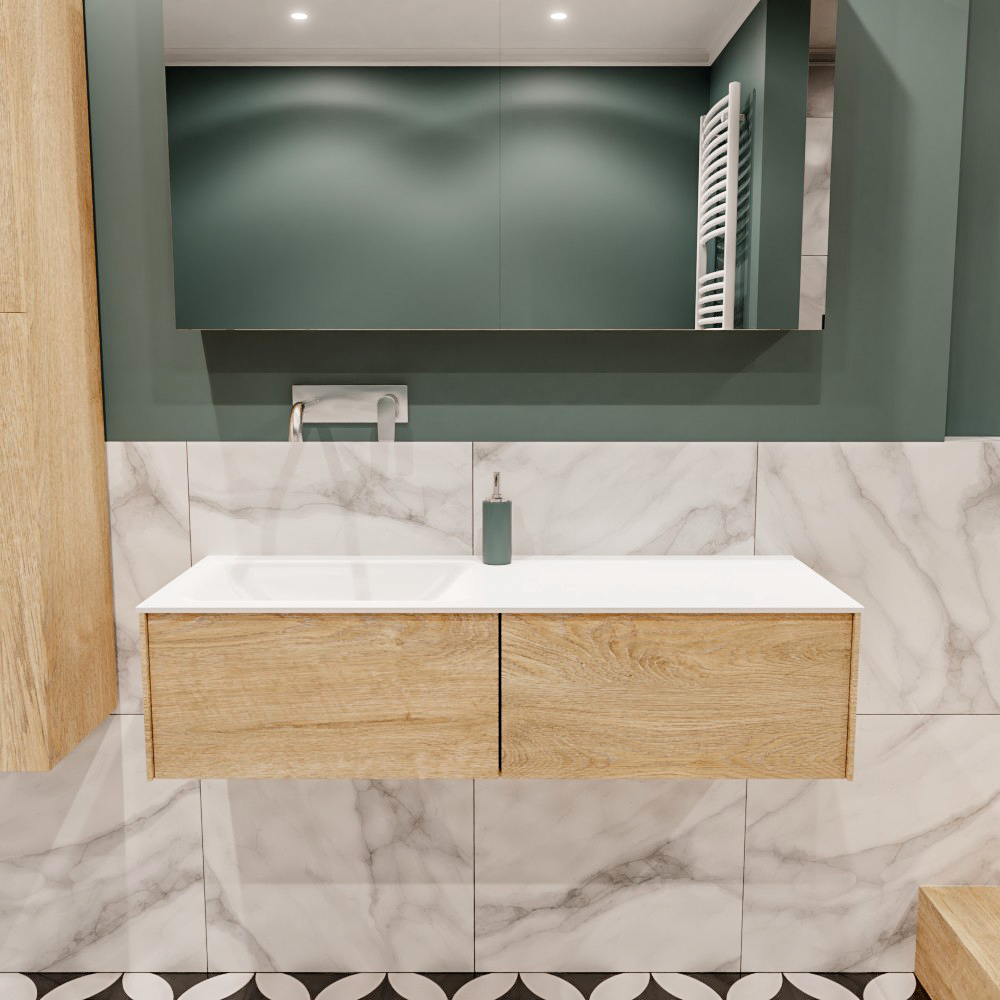 Lush onderkast 120cm in kleur WASHED OAK met 2 lades Push tot open geschikt voor linkse wastafel. Compleet met solid surface wastafel cloud M35163met 0 kraangat(en)