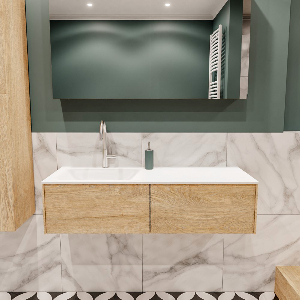 Lush onderkast 120cm in kleur WASHED OAK met 2 lades Push tot open geschikt voor linkse wastafel. Compleet met solid surface wastafel cloud M35163met 1 kraangat(en)