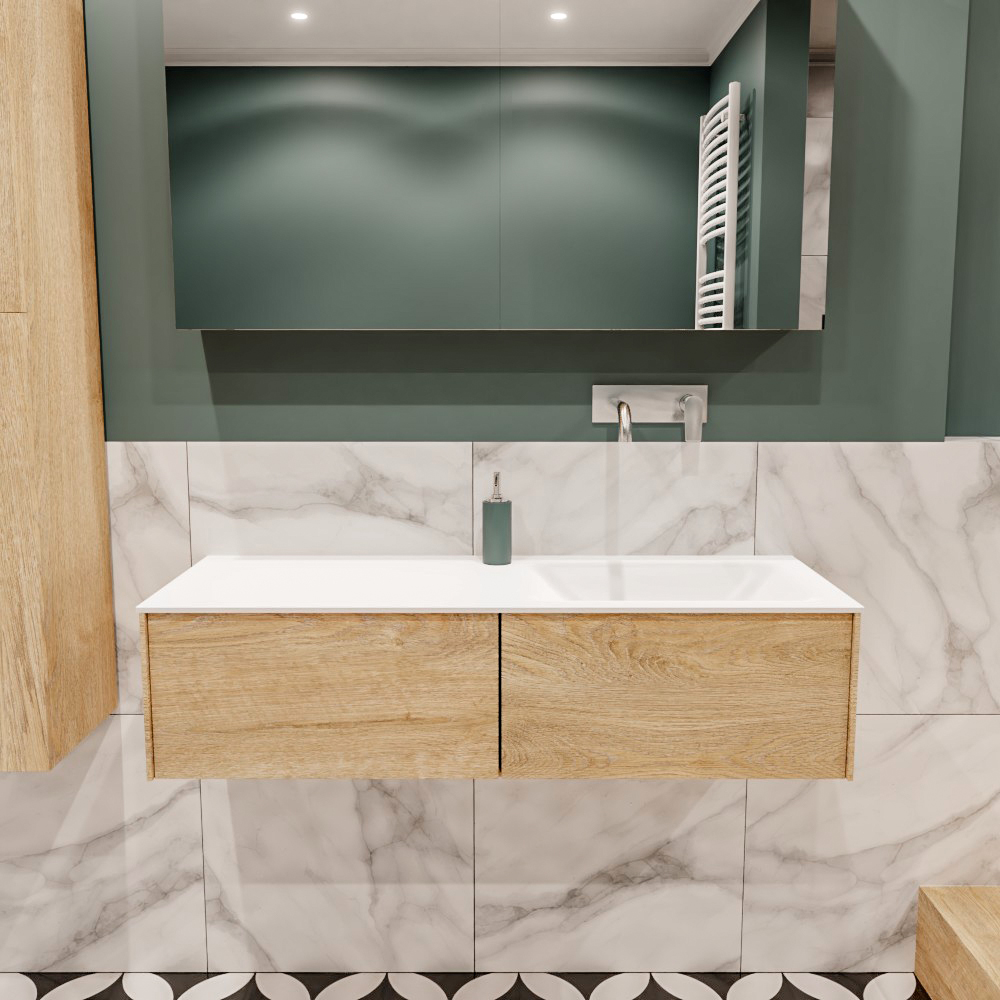 Lush onderkast 120cm in kleur WASHED OAK met 2 lades Push tot open geschikt voor rechtse wastafel. Compleet met solid surface wastafel cloud M35164met 0 kraangat(en)