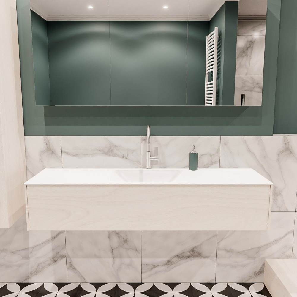 Lush onderkast 150cm in kleur UNDERLAYMENT met 1 lade Push tot open geschikt voor gecentreerde wastafel. Compleet met solid surface wastafel cloud M35216met 1 kraangat(en)
