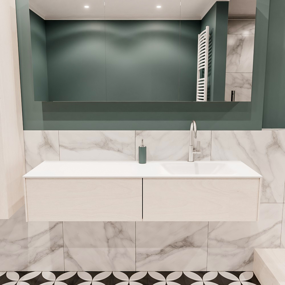 Lush onderkast 150cm in kleur UNDERLAYMENT met 2 lades Push tot open geschikt voor rechtse wastafel. Compleet met solid surface wastafel cloud M35218met 1 kraangat(en)