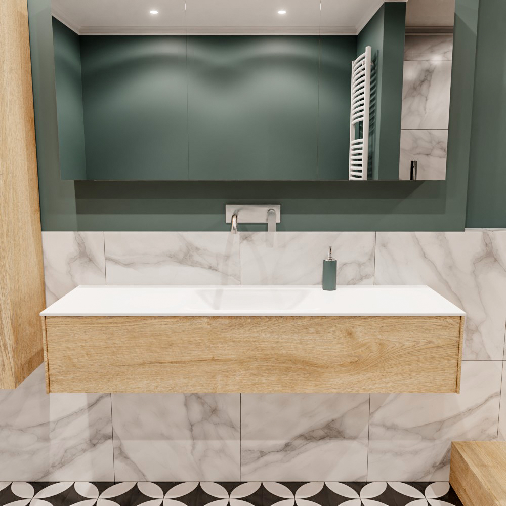 Lush onderkast 150cm in kleur WASHED OAK met 1 lade Push tot open geschikt voor gecentreerde wastafel. Compleet met solid surface wastafel cloud M35216met 0 kraangat(en)