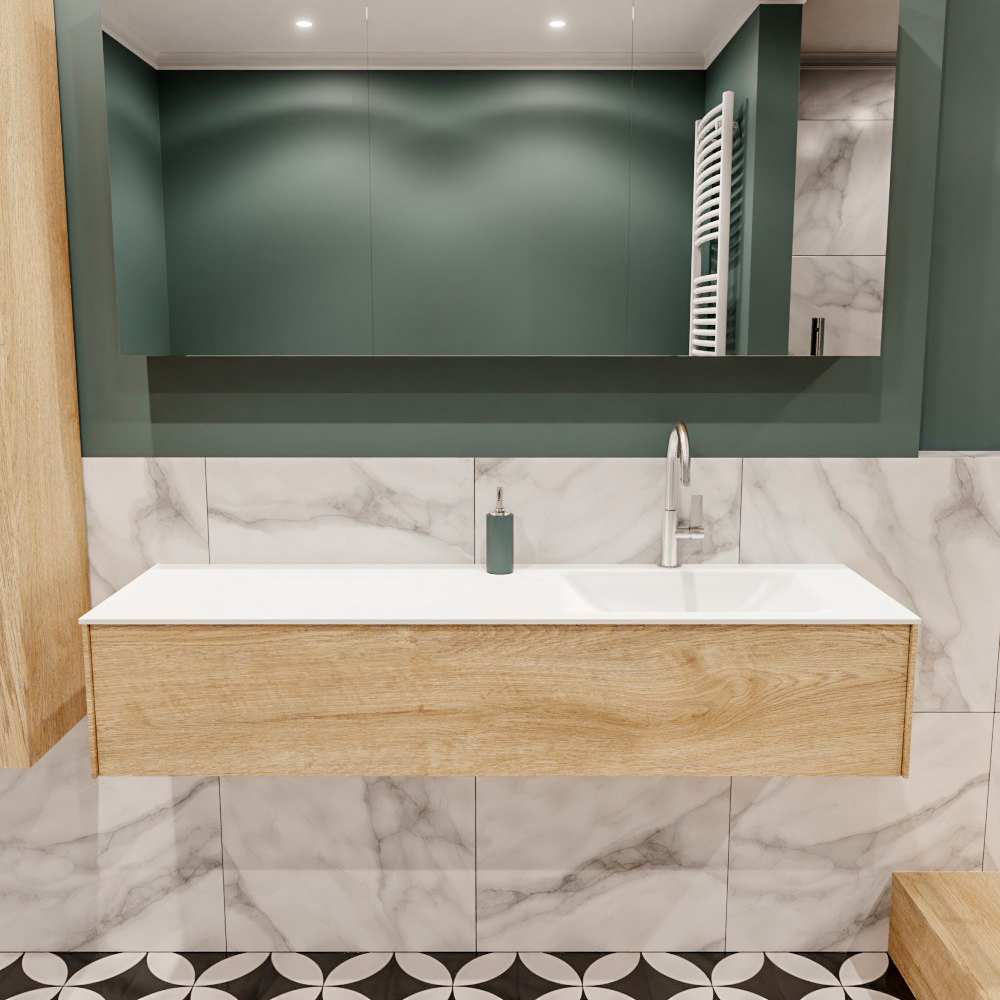 Lush onderkast 150cm in kleur WASHED OAK met 1 lade Push tot open geschikt voor rechtse wastafel. Compleet met solid surface wastafel cloud M35218met 1 kraangat(en)