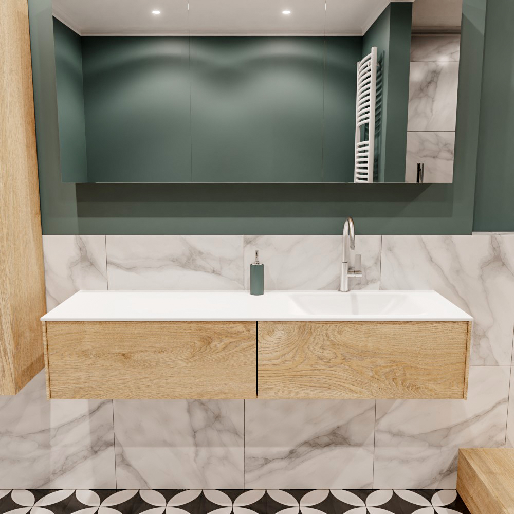 Lush onderkast 150cm in kleur WASHED OAK met 2 lades Push tot open geschikt voor rechtse wastafel. Compleet met solid surface wastafel cloud M35218met 1 kraangat(en)