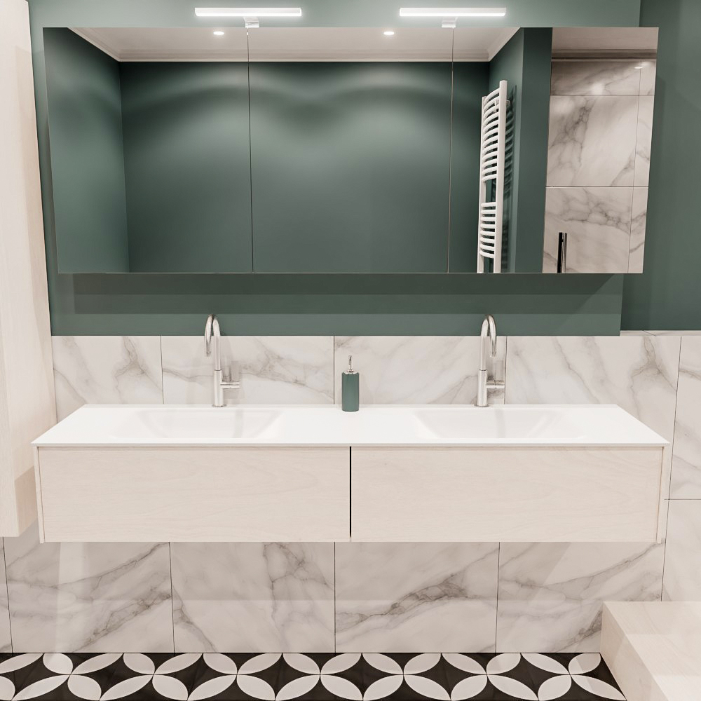 Lush onderkast 180cm in kleur UNDERLAYMENT met 2 lades Push tot open geschikt voor dubbele wastafel. Compleet met solid surface wastafel cloud M63023met 2 kraangat(en)