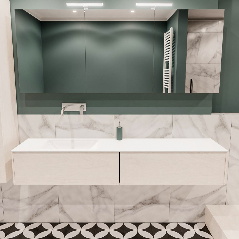 Lush onderkast 180cm in kleur UNDERLAYMENT met 2 lades Push tot open geschikt voor linkse wastafel. Compleet met solid surface wastafel cloud M63021met 0 kraangat(en)