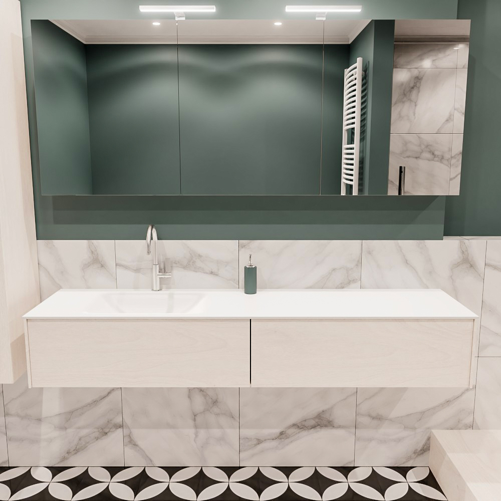 Lush onderkast 180cm in kleur UNDERLAYMENT met 2 lades Push tot open geschikt voor linkse wastafel. Compleet met solid surface wastafel cloud M63021met 1 kraangat(en)