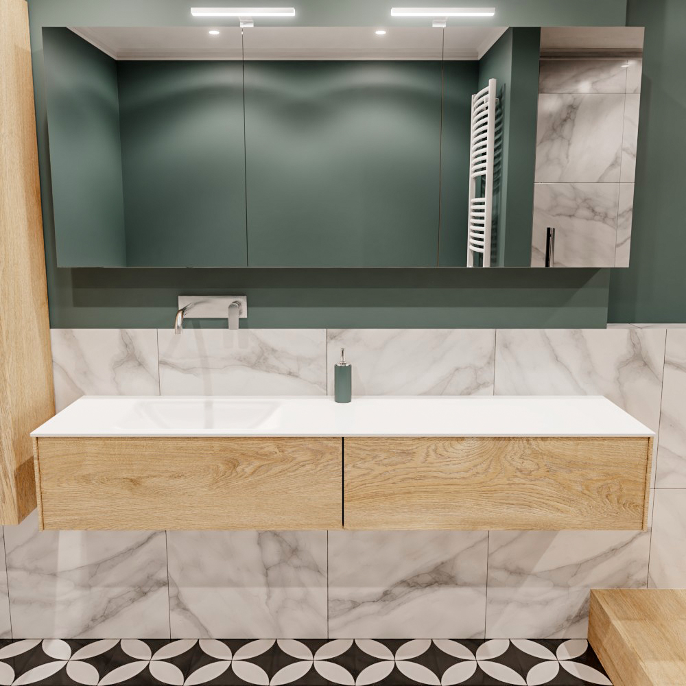 Lush onderkast 180cm in kleur WASHED OAK met 2 lades Push tot open geschikt voor linkse wastafel. Compleet met solid surface wastafel cloud M63021met 0 kraangat(en)