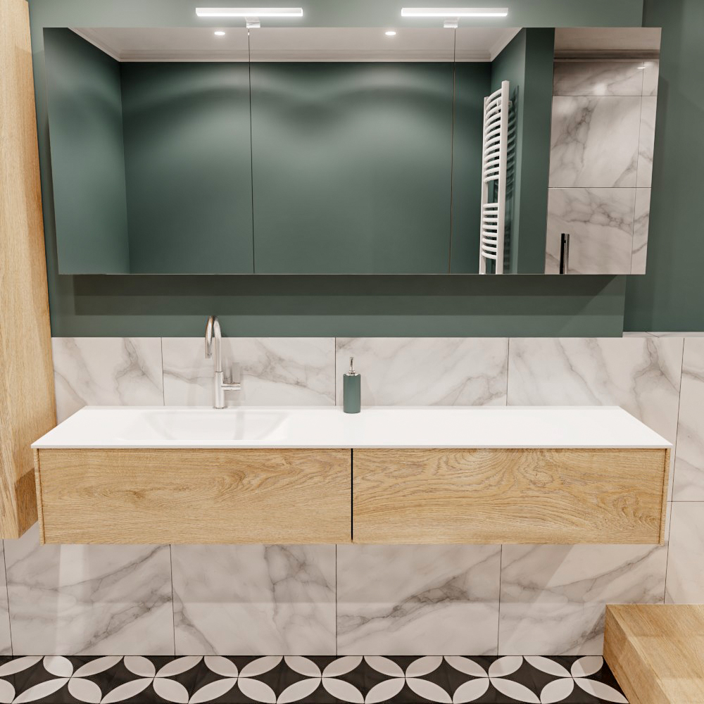 Lush onderkast 180cm in kleur WASHED OAK met 2 lades Push tot open geschikt voor linkse wastafel. Compleet met solid surface wastafel cloud M63021met 1 kraangat(en)