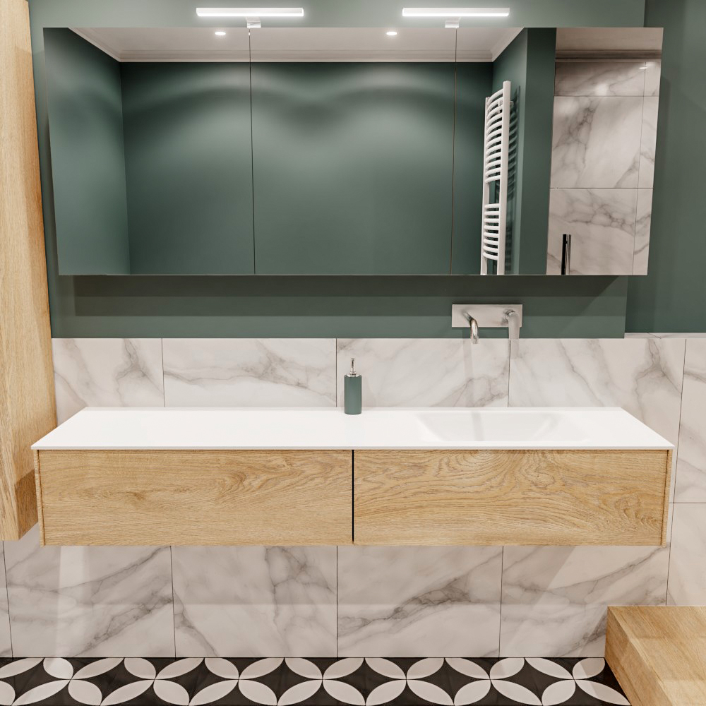 Lush onderkast 180cm in kleur WASHED OAK met 2 lades Push tot open geschikt voor rechtse wastafel. Compleet met solid surface wastafel cloud M63022met 0 kraangat(en)