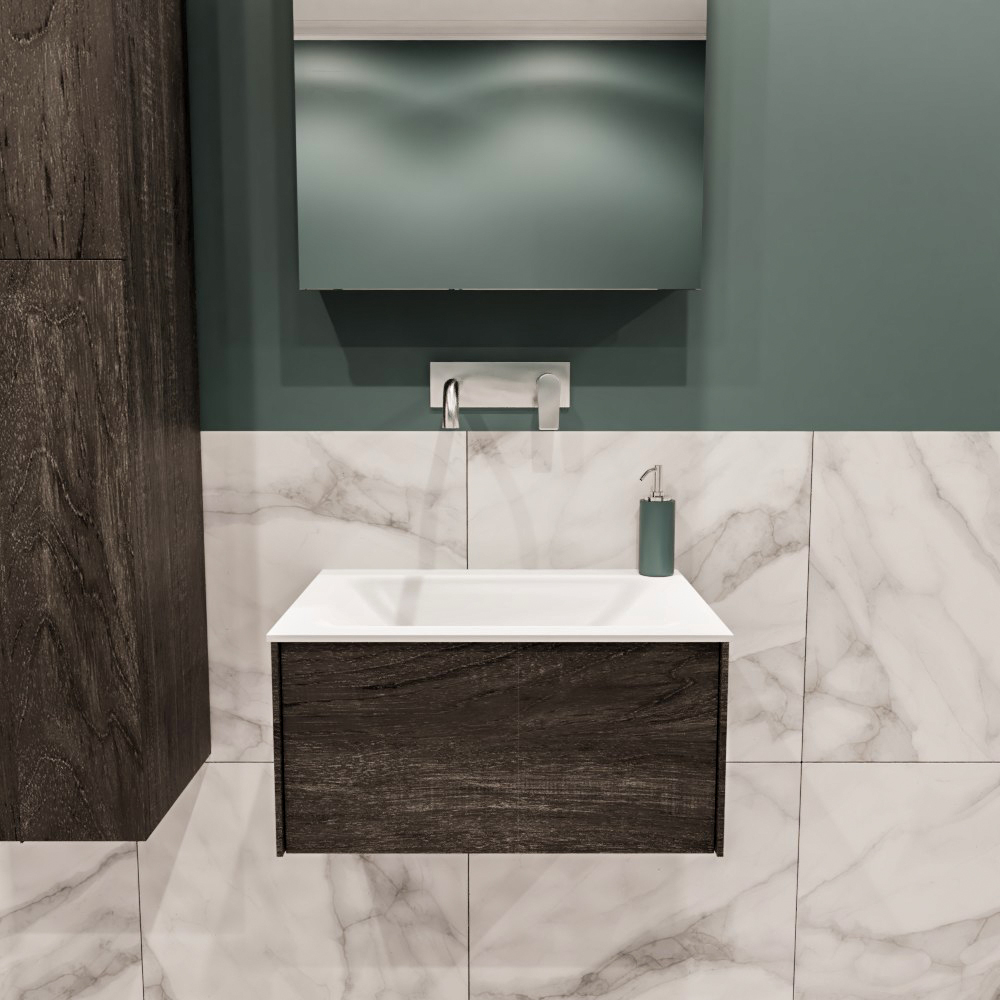 Lush onderkast 60cm in kleur DARK BROWN met 1 lade Push tot open geschikt voor gecentreerde wastafel. Compleet met solid surface wastafel cloud M35111met 0 kraangat(en)