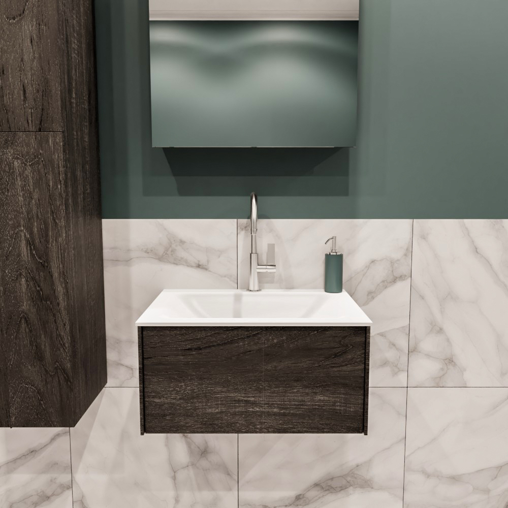 Lush onderkast 60cm in kleur DARK BROWN met 1 lade Push tot open geschikt voor gecentreerde wastafel. Compleet met solid surface wastafel cloud M35111met 1 kraangat(en)