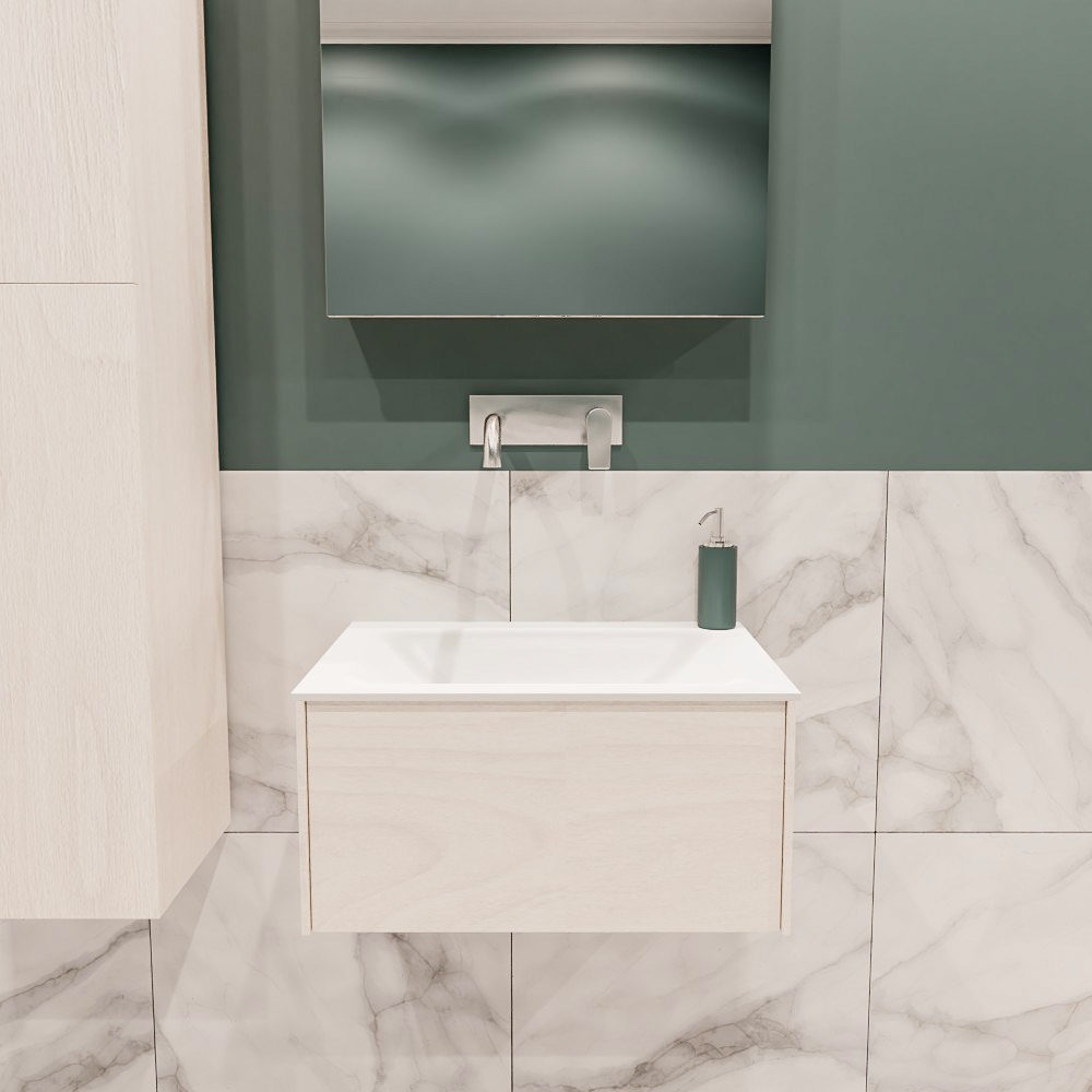 Lush onderkast 60cm in kleur UNDERLAYMENT met 1 lade Push tot open geschikt voor gecentreerde wastafel. Compleet met solid surface wastafel cloud M35111met 0 kraangat(en)