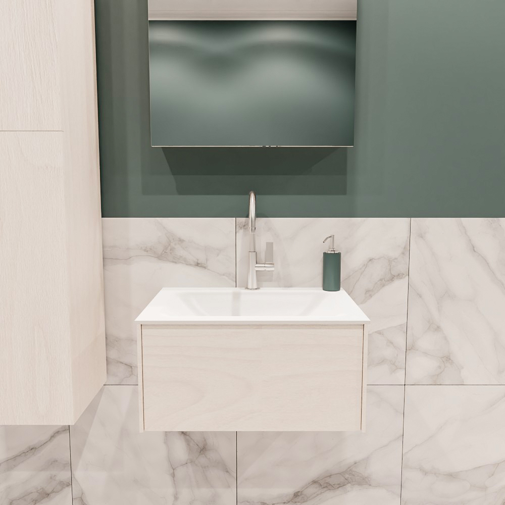 Lush onderkast 60cm in kleur UNDERLAYMENT met 1 lade Push tot open geschikt voor gecentreerde wastafel. Compleet met solid surface wastafel cloud M35111met 1 kraangat(en)