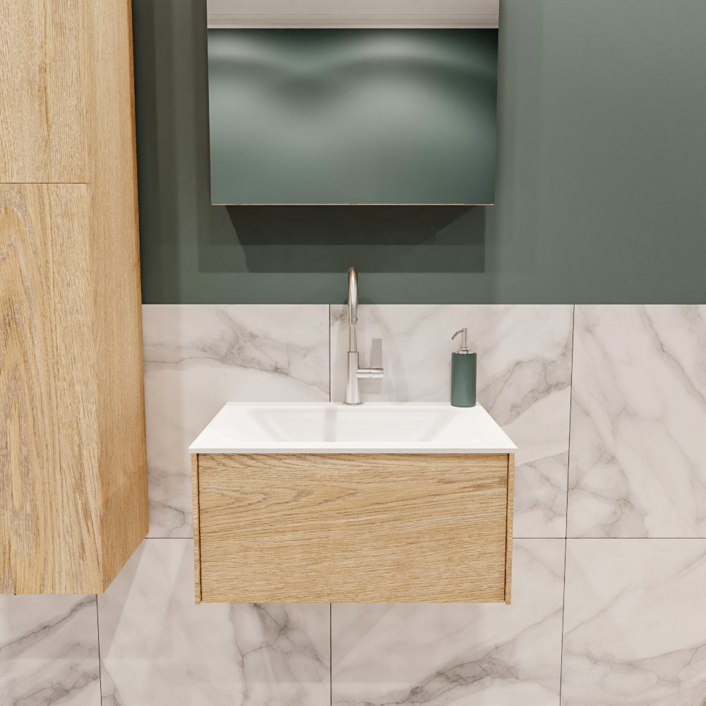 Lush onderkast 60cm in kleur WASHED OAK met 1 lade Push tot open geschikt voor gecentreerde wastafel. Compleet met solid surface wastafel cloud M35111met 1 kraangat(en)