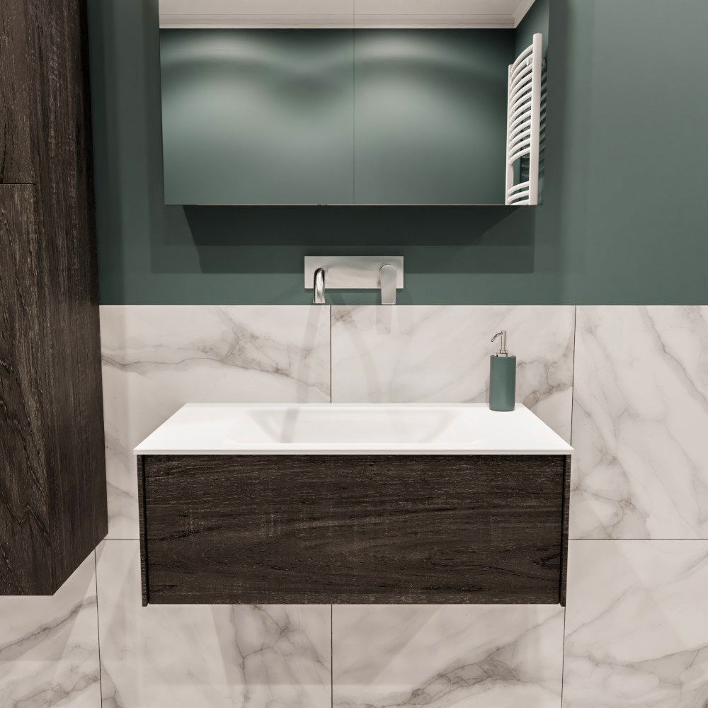 Lush onderkast 80cm in kleur DARK BROWN met 1 lade Push tot open geschikt voor gecentreerde wastafel. Compleet met solid surface wastafel cloud M35117met 0 kraangat(en)