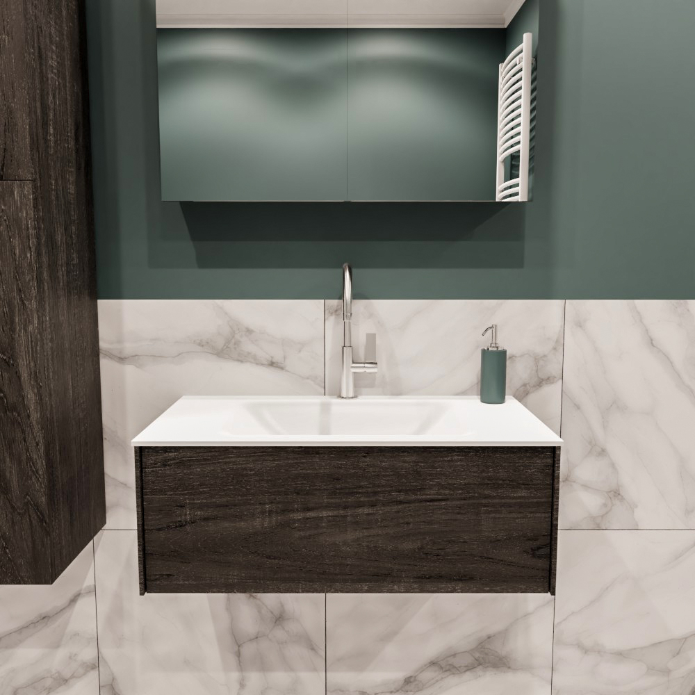 Lush onderkast 80cm in kleur DARK BROWN met 1 lade Push tot open geschikt voor gecentreerde wastafel. Compleet met solid surface wastafel cloud M35117met 1 kraangat(en)