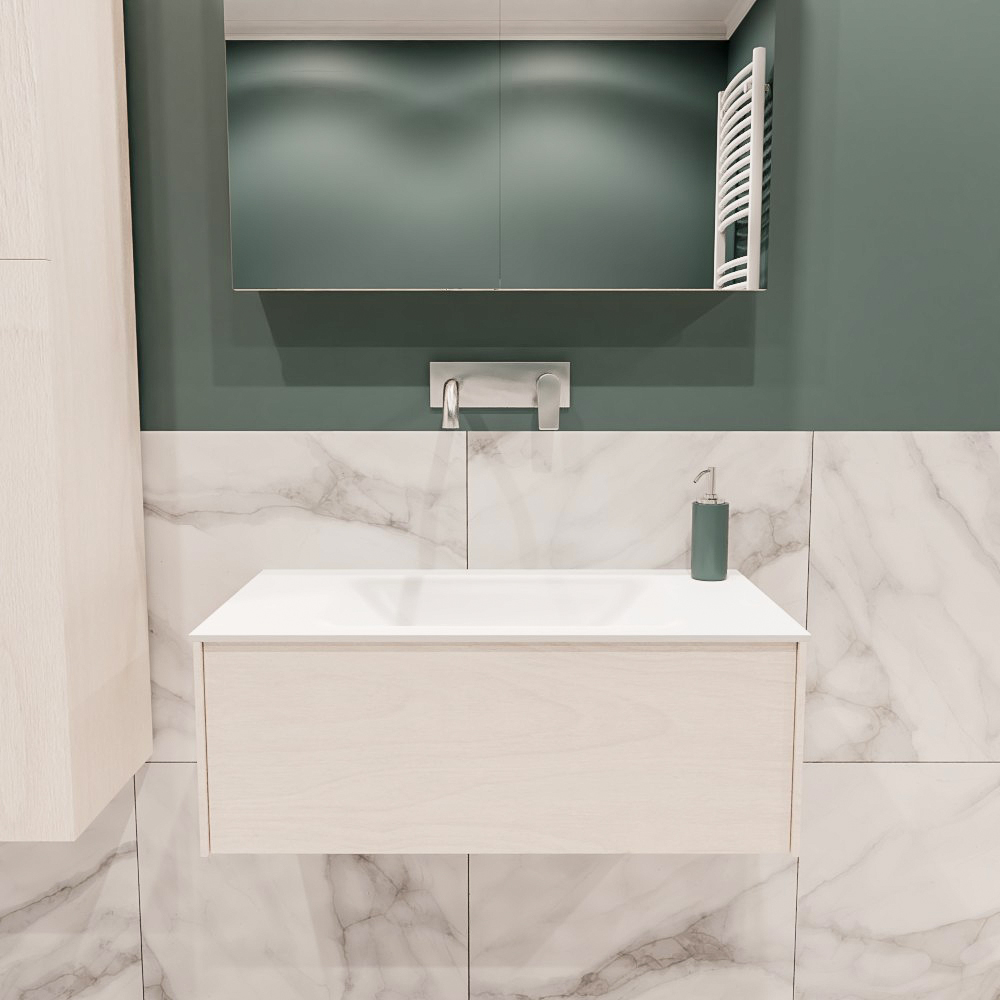 Lush onderkast 80cm in kleur UNDERLAYMENT met 1 lade Push tot open geschikt voor gecentreerde wastafel. Compleet met solid surface wastafel cloud M35117met 0 kraangat(en)