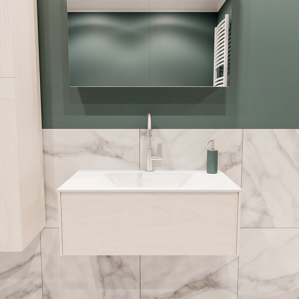 Lush onderkast 80cm in kleur UNDERLAYMENT met 1 lade Push tot open geschikt voor gecentreerde wastafel. Compleet met solid surface wastafel cloud M35117met 1 kraangat(en)
