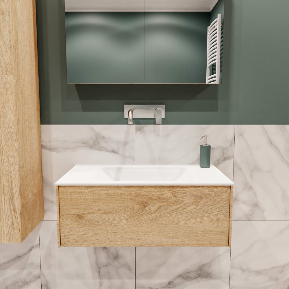Lush onderkast 80cm in kleur WASHED OAK met 1 lade Push tot open geschikt voor gecentreerde wastafel. Compleet met solid surface wastafel cloud M35117met 0 kraangat(en)