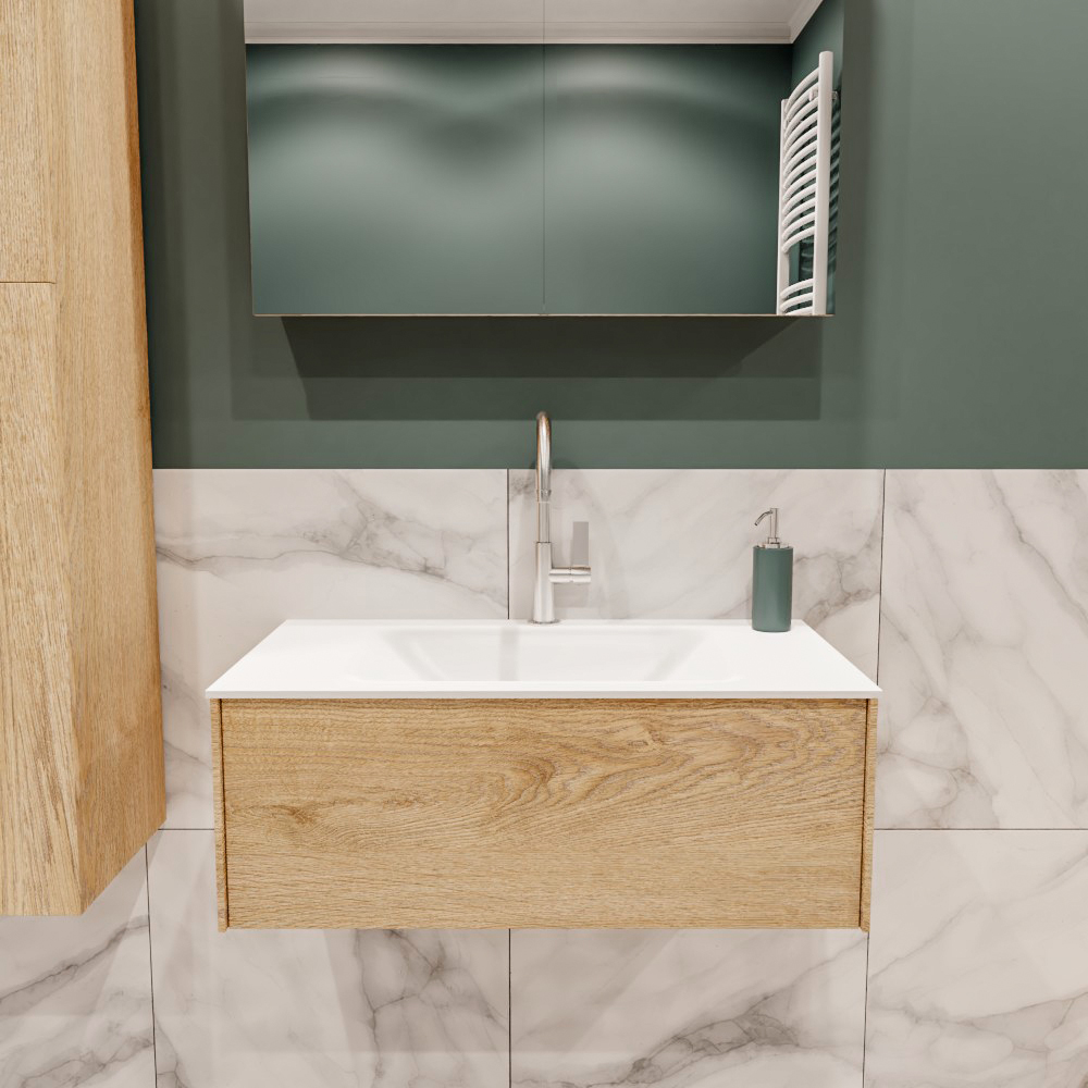 Lush onderkast 80cm in kleur WASHED OAK met 1 lade Push tot open geschikt voor gecentreerde wastafel. Compleet met solid surface wastafel cloud M35117met 1 kraangat(en)