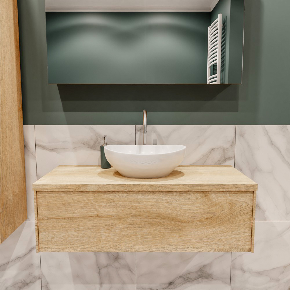 Lush onderkast met topblad 100cm in kleur WASHED OAK met 1 lades Push tot open geschikt voor gecentreerde wastafel. Met ovale keramische opzetkom met 1 kraangat(en) in het topblad
