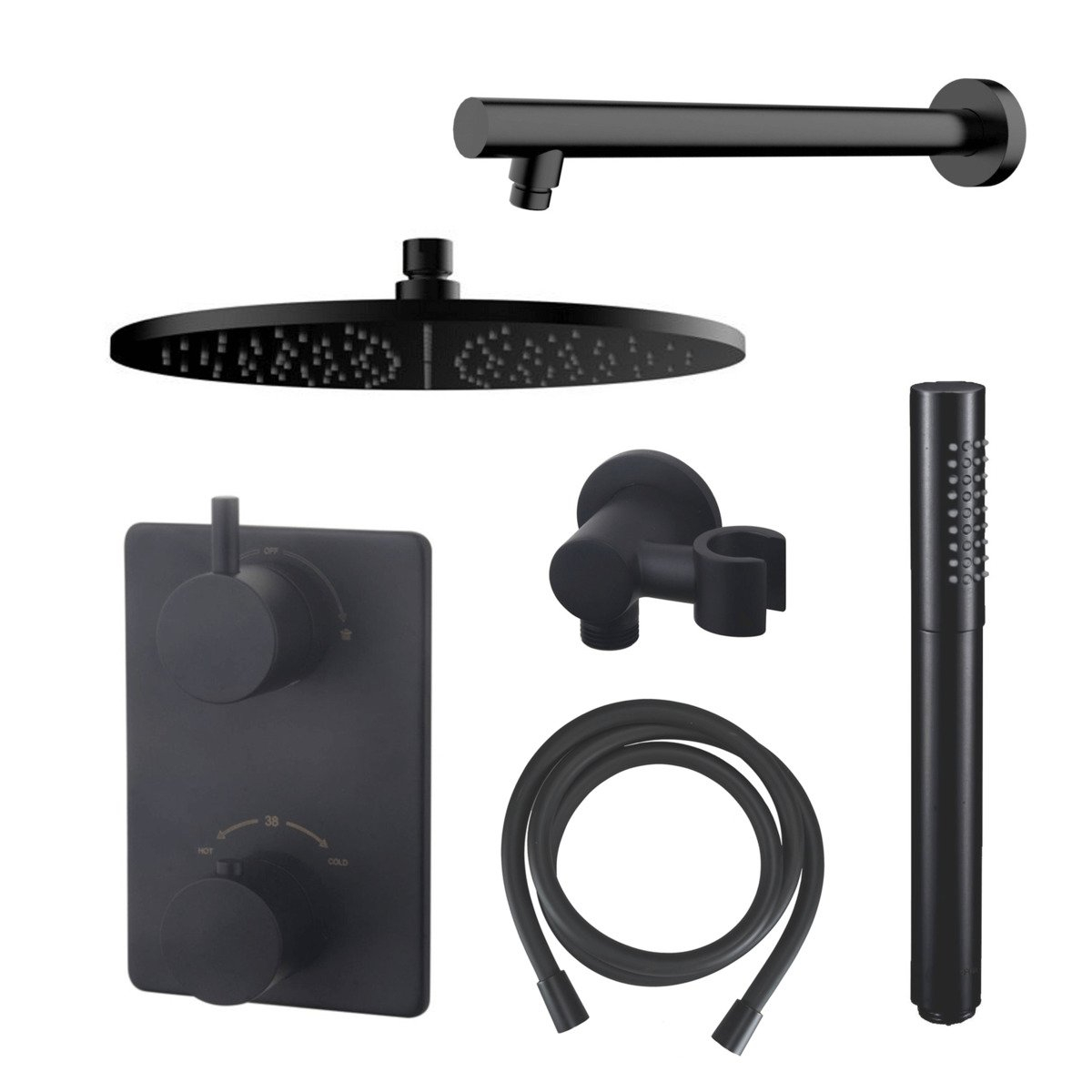 Mueller Black inbouw doucheset rond met 30cm hoofddouche wandarm staafhanddouche mat zwart