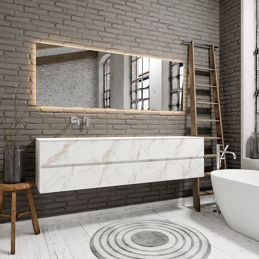 Zaro Valencia Solid Surface badmeubel 200cm mat carrara mat zonder kraangat spoelbak links met 4 lades