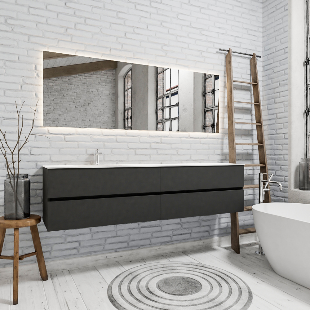 Zaro Valencia Solid Surface badmeubel 200cm mat antraciet 1 kraangat spoelbak links met 4 lades